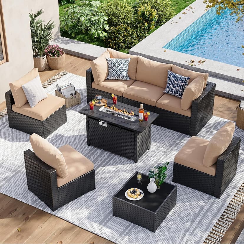 Aoxun 8 Piece Patio Furniture Set with 44” Fire Pit Table Wicker Rattan Patio Sectional Sofa Set Outdoor Seating Furniture with Thickened Cushion, Beige