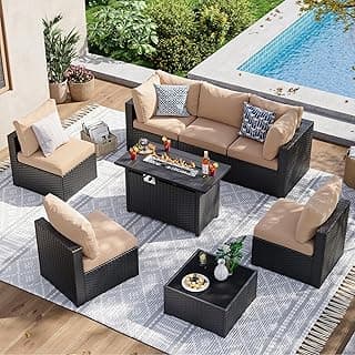 Aoxun 8 Piece Patio Furniture Set with 44” Fire Pit Table Wicker Rattan Patio Sectional Sofa Set Outdoor Seating Furniture with Thickened Cushion, Beige
