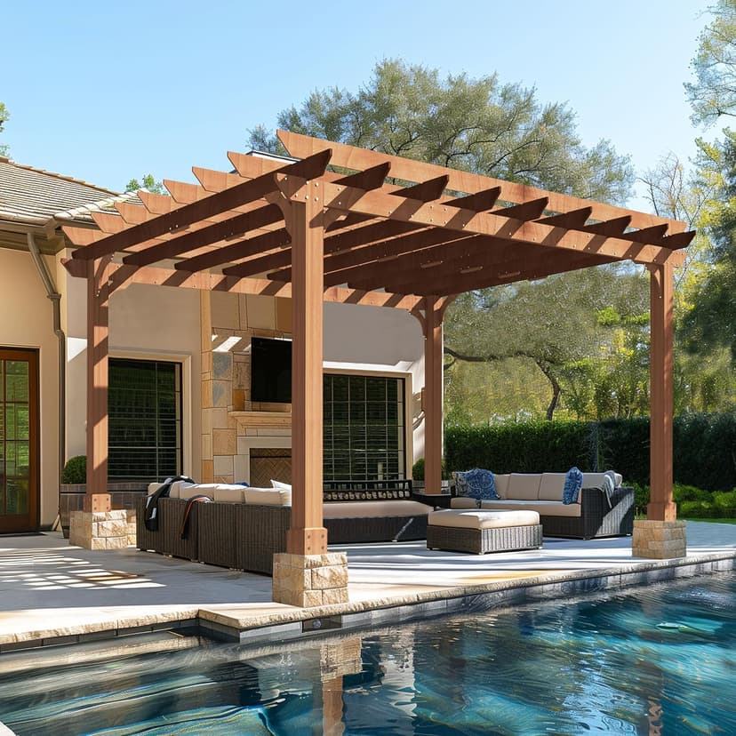 12x14 FT Wooden Pergola with Flat Roof, Cedar Wood Gazebo with Stakes Included, Outdoor Garden Shelter for Patio, Deck, Backyard, Lawn