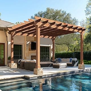 12x14 FT Wooden Pergola with Flat Roof, Cedar Wood Gazebo with Stakes Included, Outdoor Garden Shelter for Patio, Deck, Backyard, Lawn