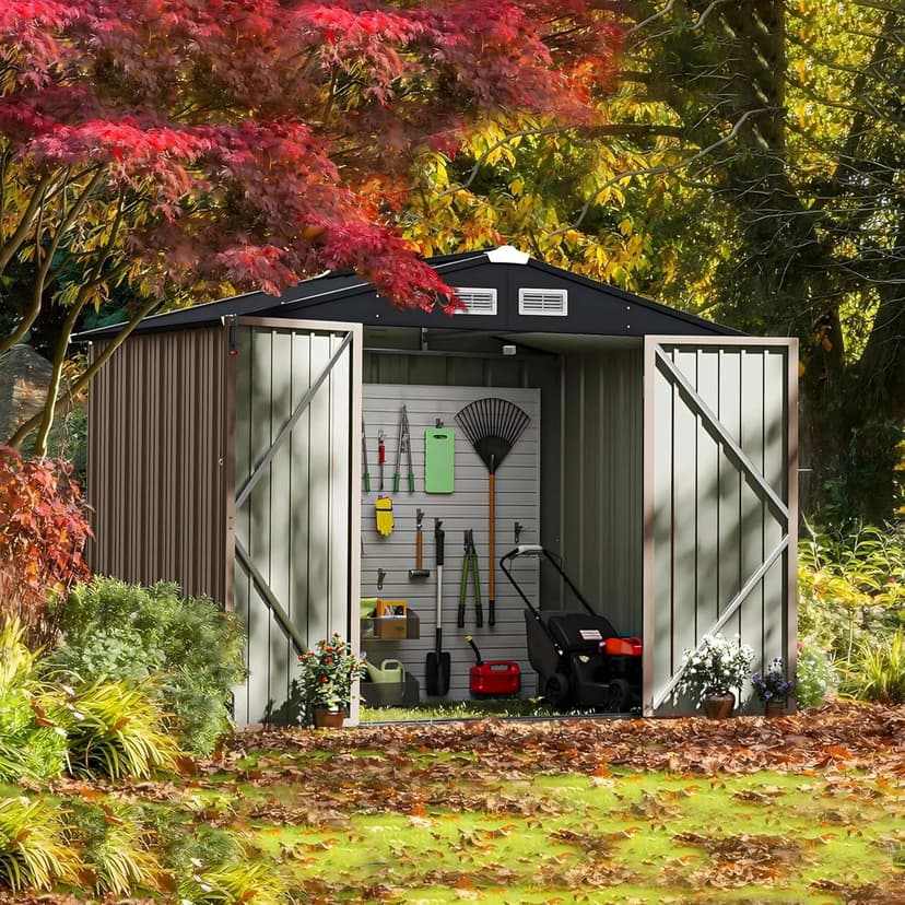 GVDV 8x6 FT Outdoor Storage Shed with Air Vent & Lockable Doors, Durable Metal Outside Storage for Garden, Patio and Backyard, Waterproof Shelter for Tools, Bike (7.33'x5.28' Base, No Floor)