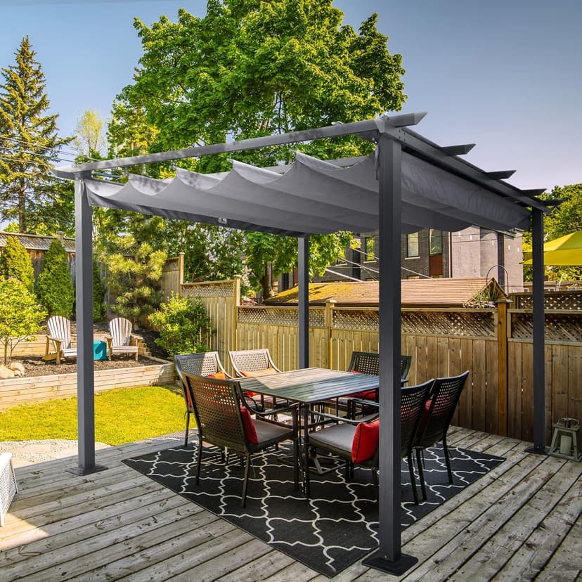 HAPPATIO 10' X 10' Pergola Retractable Canopy for Backyards, Gardens, Patios, Outdoor Pergola with Sun Shade Canopy, Includes Ground Studs and Expansion Screws (Grey)