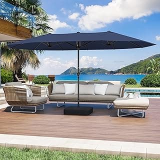 15FT Large Patio Umbrella with Base Included, Outdoor Deck Standing Umbrella with Crank Handle, Double-Side Rectangular Pool Umbrella for Outside, Market, Patio, Navy Blue