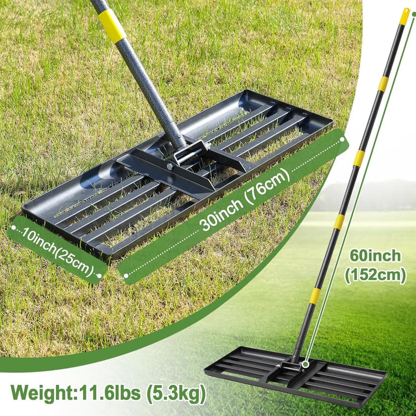 Lawn Leveling Rake, 30 Inch Heavy Duty Lawn Leveler with Adjustable Handle, Yard Soil Grass Dirt Leveling Rake Ground Level Tool (5FT)