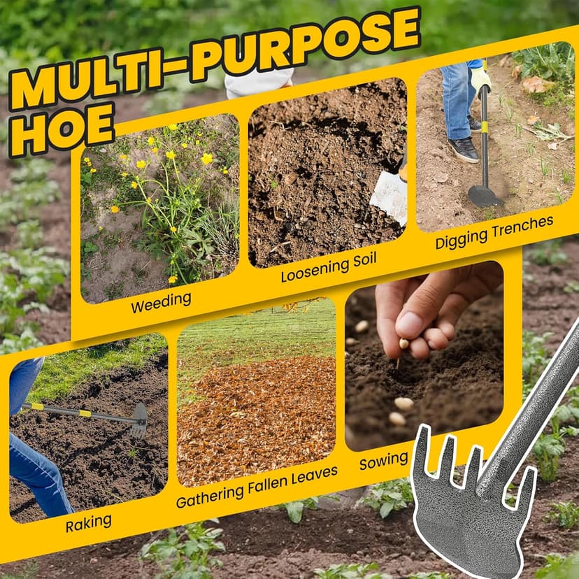Hoe Garden Tools, Pointed Hoe for Weeding, Iron Tines for Loosening Soil, Hoe Cultivator 2 in 1 Manual Garden Tools, 17-60 Inch Long Handle Heavy Duty Garden Hoe, Black