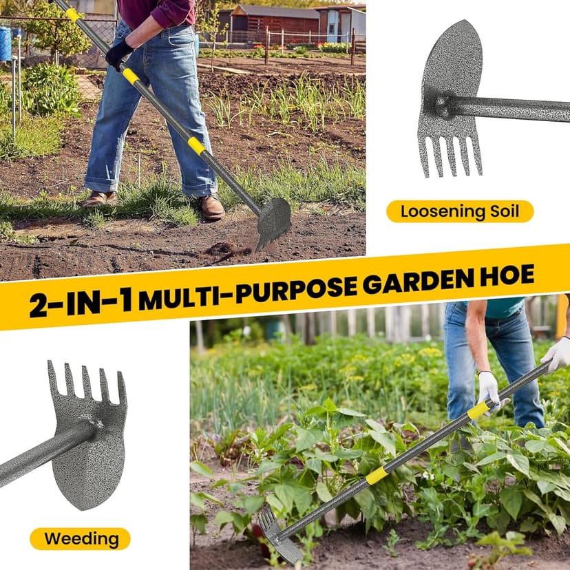 Hoe Garden Tools, Pointed Hoe for Weeding, Iron Tines for Loosening Soil, Hoe Cultivator 2 in 1 Manual Garden Tools, 17-60 Inch Long Handle Heavy Duty Garden Hoe, Black