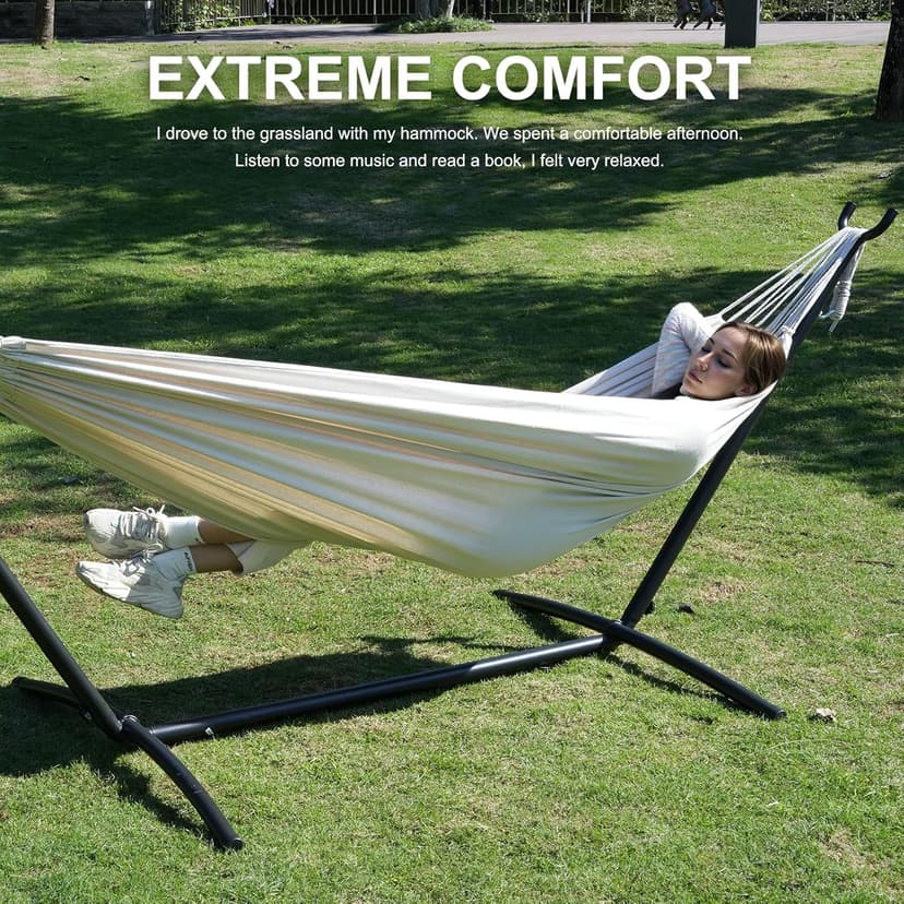Double Hammock with Stand Included 450lb Capacity Space Saving Steel Stand,Premium Carry Bag Included,Suit for Outside,Indoor,Yard,Camping(Beige).