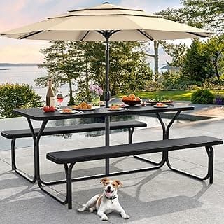 DWVO 6FT Picnic Table, Heavy Duty Outdoor Picnic Table and Bench w/Umbrella Hole, Resin Tabletop & Stable Steel Frame Perfect for Yard Patio Lawn Party, Black