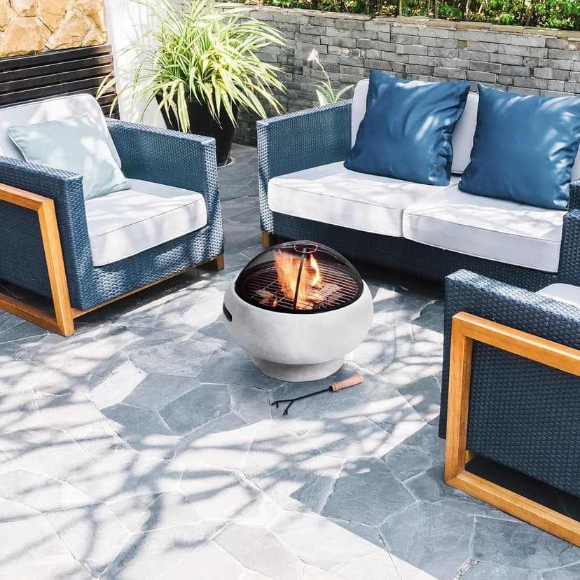 Teamson Home MGO Light Concrete Round Charcoal and Wood Burning Fire Pit for Outdoor Patio Garden Backyard with Spark Screen, Fireplace Poker, Grate, and BBQ Grill, Light Gray