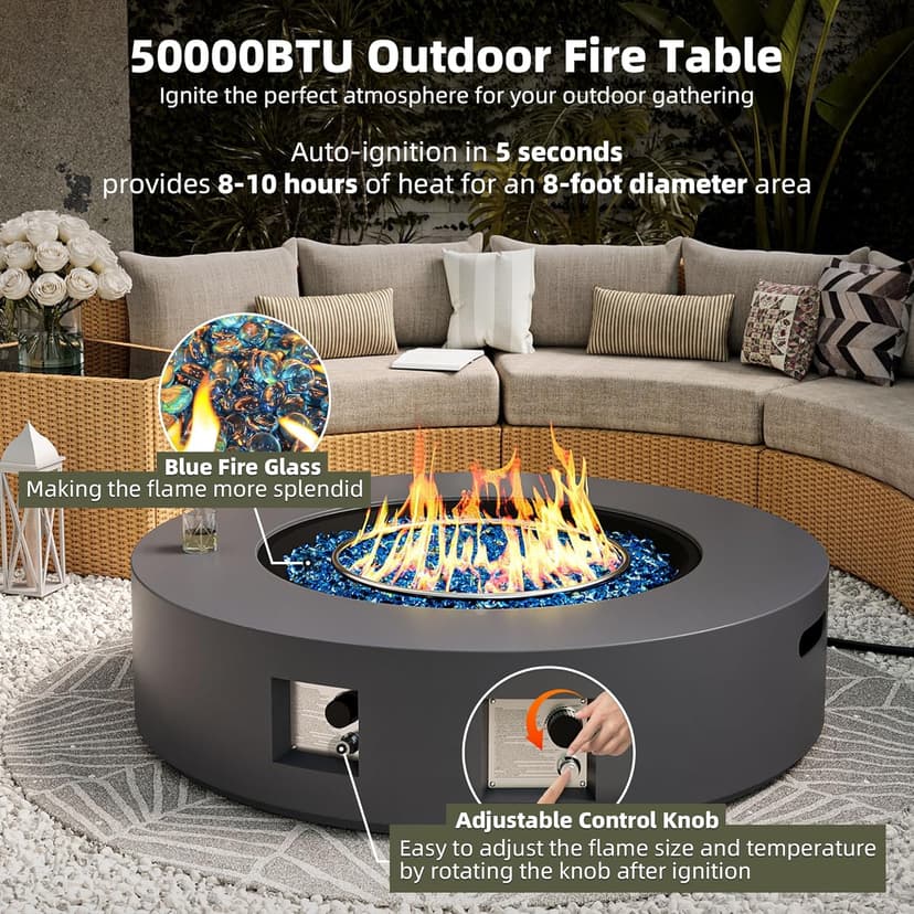 UPHA 42-inch Outdoor Propane Gas Fire Pit Table 50000 BTU Concrete Round FirePit for Outside Patio with Propane Tank Cover, Blue Glass Rocks, Rain Cover, Grey