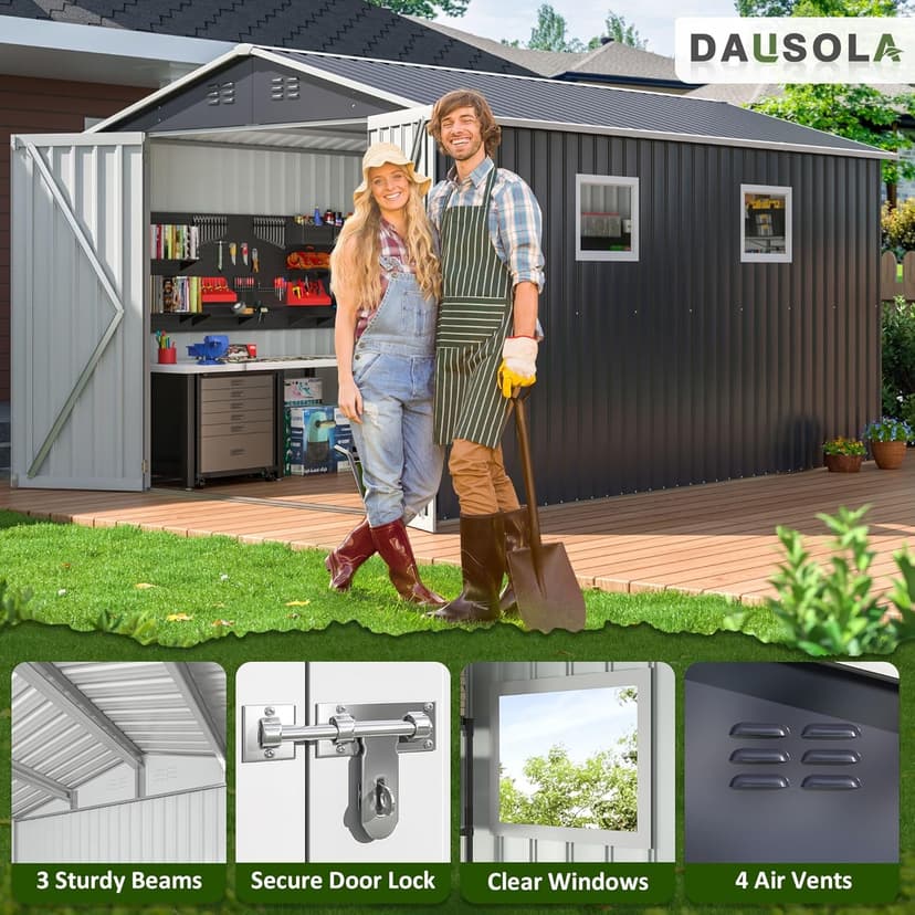 8x12 FT Outdoor Storage Shed, Metal Garden Tool Shed with Updated Frame Structure, Lockable Doors and Windows, Ideal for Backyard Garden Patio Lawn, Grey