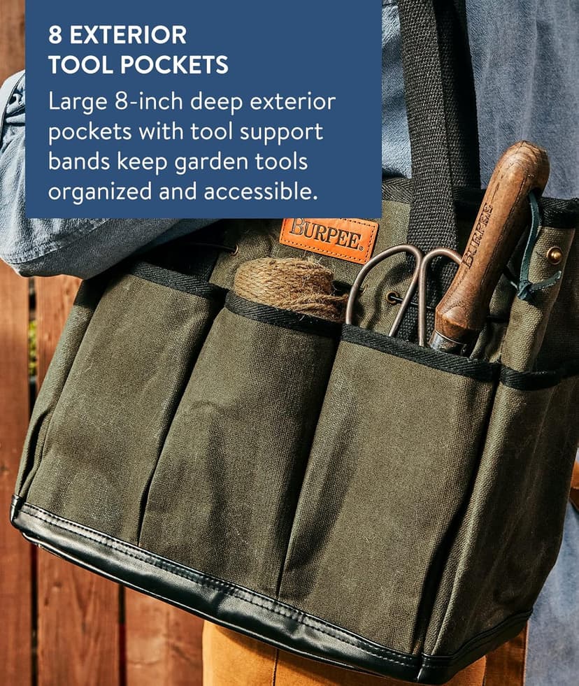 Burpee Waxed Canvas Garden Tool Tote | Heavy-Duty Tote Bag Storage Organizer for Gardening Tools | Great Gift for Gardeners | Canvas Tote Bag Caddy 8 Exterior Pockets for Tool Storage, 12" H x 14.5" W