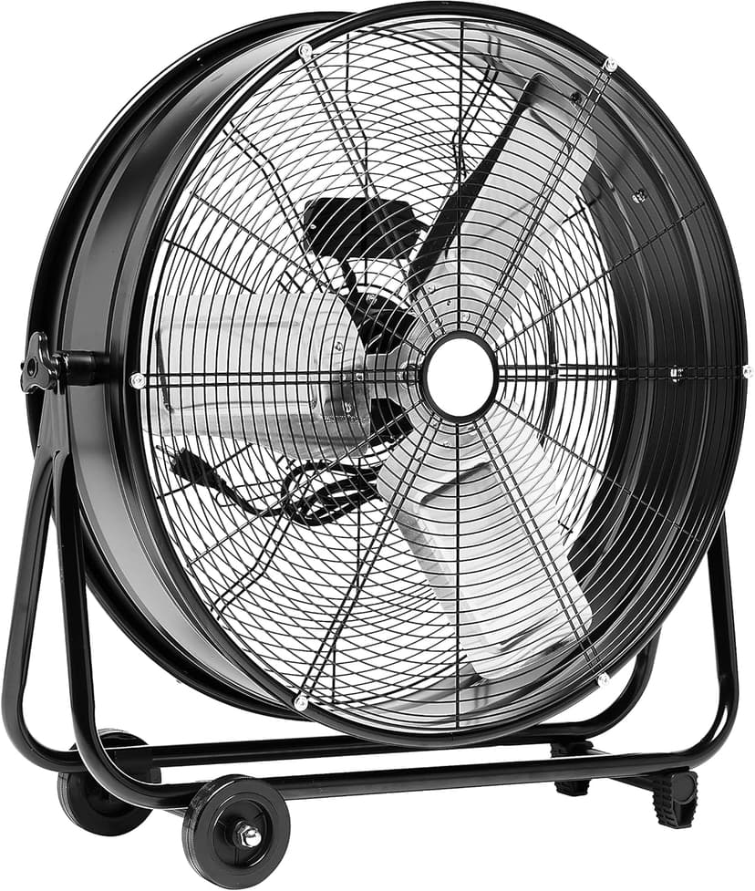 Amazon Basics 24" 215W High-Velocity, Heavy-Duty Industrial Fan, Drum Fan, with UL-Certified Safety Compliance, 2 Speeds, Up to 8820 CFM, 5.9-ft Power Cord, 2 Wheels, Metal Housing/Blades, Black