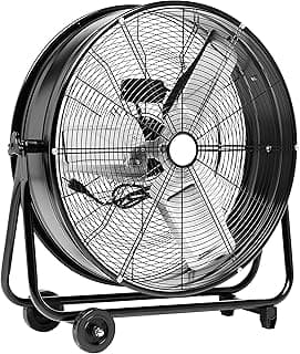 Amazon Basics 24" 215W High-Velocity, Heavy-Duty Industrial Fan, Drum Fan, with UL-Certified Safety Compliance, 2 Speeds, Up to 8820 CFM, 5.9-ft Power Cord, 2 Wheels, Metal Housing/Blades, Black