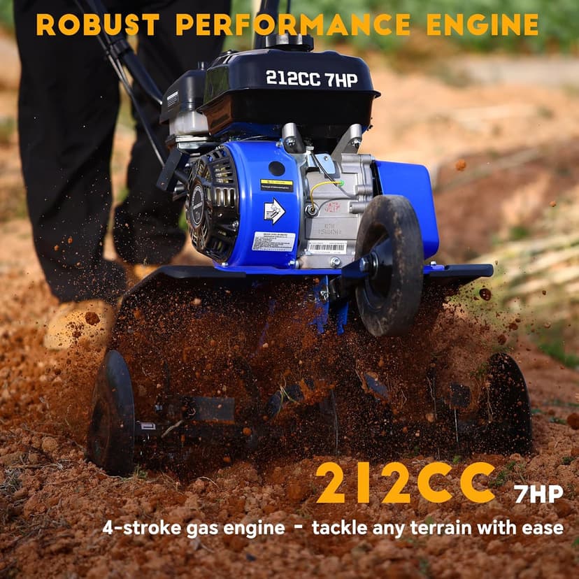 Rear Tine Tiller– 7HP 212CC 4-Cycle Gas Engine, 22" Adjustable Width, Heavy Duty High Carbon Steel Tines, Instant Reverse, Tiller for Gardening, New Ground Breaking & Deep Soil Cultivation