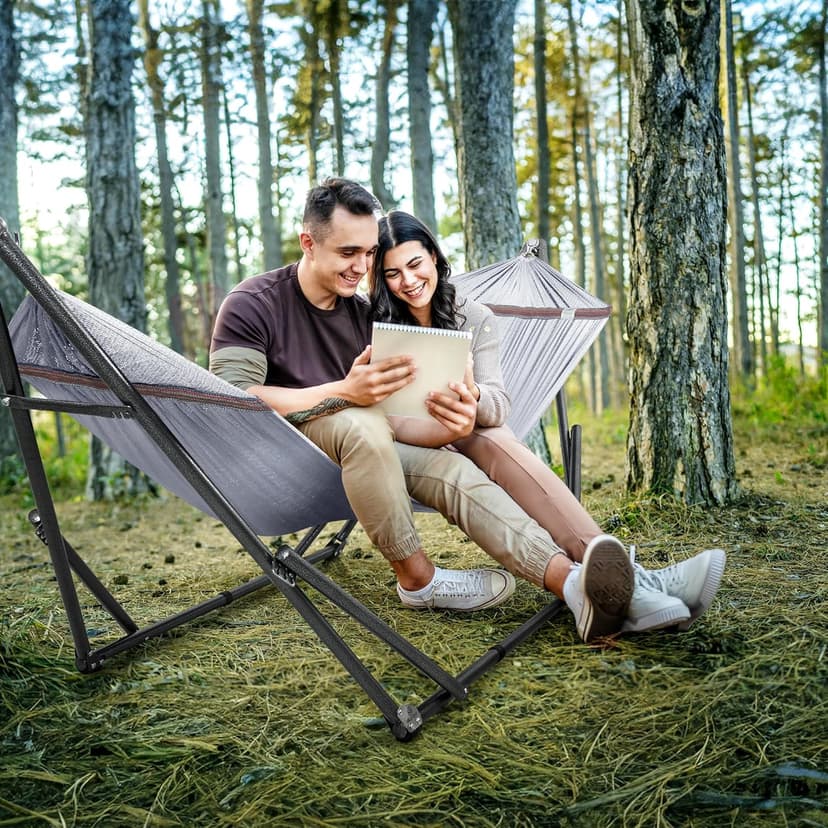 Tranquillo Double Hammock with Stand Included for 2 Persons/Foldable Hammock Stand 600 lbs Capacity Portable Case - Inhouse, Outdoor, Camping, Grey