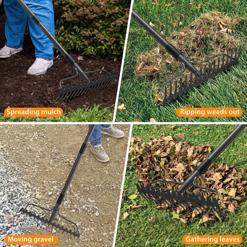 Garden Rake, 63 Inch Long Handle with 17 Tongs, Heavy Duty Metal Bow Rake for Loosening Leveling Soil, Garden Leaf Rake for Raking Leaves Grass , Weeding, Metal Yard Thatch Lawn Care Garden Tool