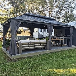 PURPLE LEAF 12' X 20' Permanent Hardtop Gazebo Aluminum Gazebo with Galvanized Steel Double Roof for Patio Lawn and Garden, Curtains and Netting Included, Grey