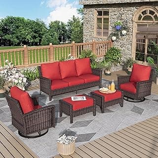 5 Piece Patio Furniture Set, Oversized Outdoor Wicker Sofa with Comfy Swivel Chairs and Ottoman, Sectional Rattan Couch Conversation Set for Poolside Backyard Deck, Red