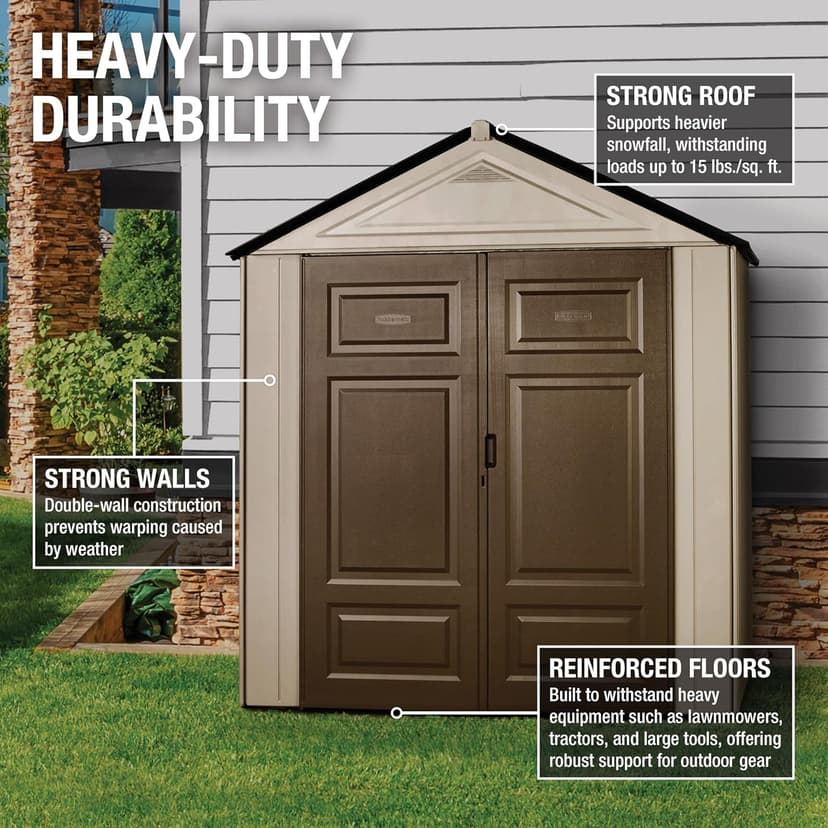 Rubbermaid Resin Outdoor Storage Shed With Floor (7 x 3.5 Ft.), Weather Resistant, Brown/Grey, Organization for Home/Lawn Mower/Backyard Equipment/Bike Storage/Pool Supplies