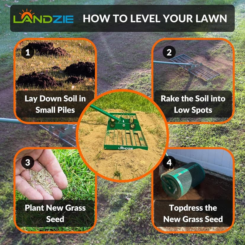LANDZIE Lawn Leveling Rake – 24" Steel Handle Yard Leveler, Lawn Level Tool for Creating a Flat Surface - Works for Soil, Dirt, Topdressing and Ground