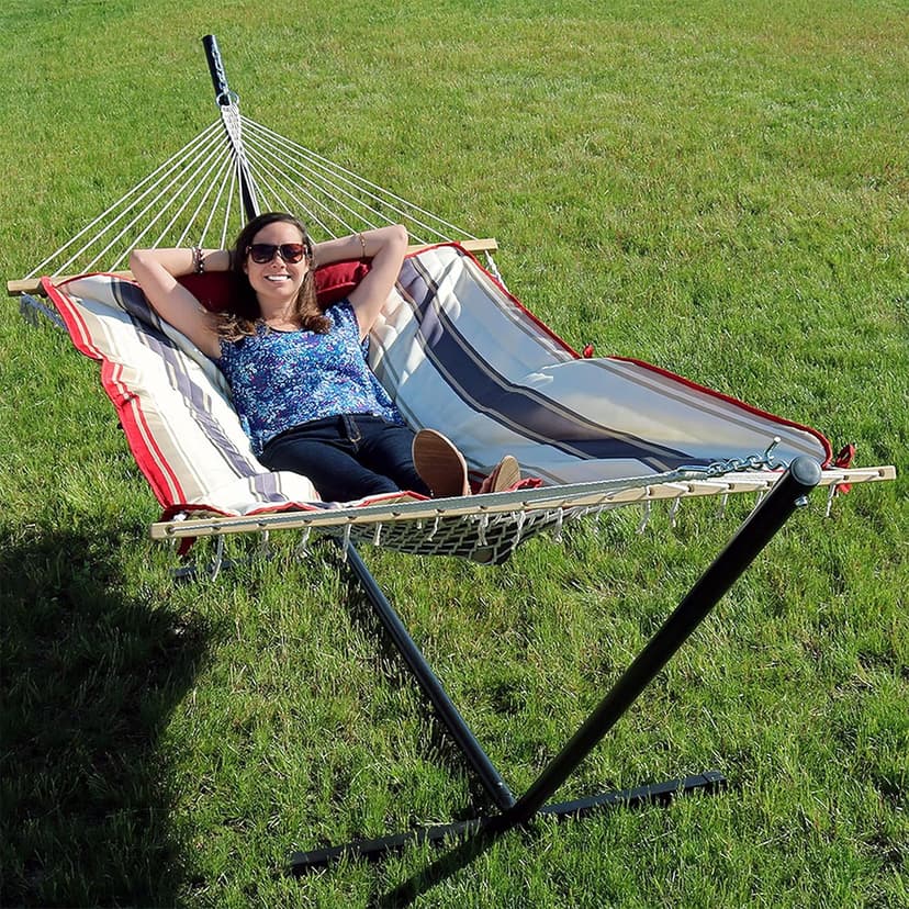 Sunnydaze Rope Hammock with Stand Combo - 275-Pound Capacity - Includes 12-Foot Hammock Stand, Spreader Bar, Pad, and Pillow - Modern Lines