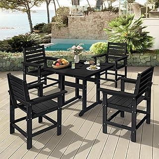 Outdoor Table and Chairs Set 5 Pieces, HDPE Weather Resistant Patio Dining Set with 1.95" Umbrell Hole, Square Outdoor Dining Table with 4 Patio Chairs, Patio Dining Set for Balcony, Black
