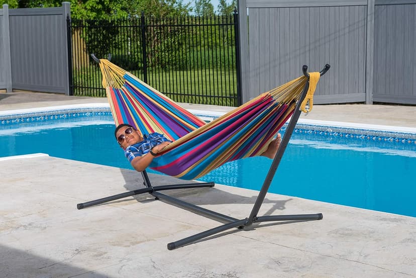 Vivere Double Cotton Hammock with Space Saving Steel Stand, Upgraded Polyester End Strings 450 lb Capacity - Premium Carry Bag Included - USA Grown Cotton (Tropical)