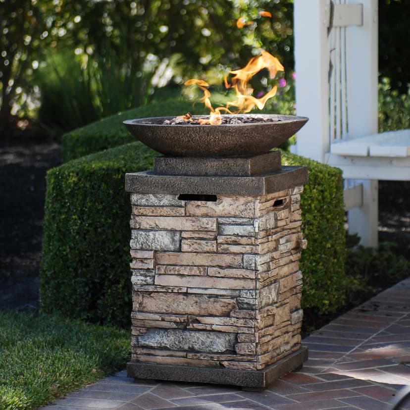 Bond Manufacturing 63172 Newcastle Propane Firebowl Column Realistic Look Firepit Heater Lava Rock 40,000 BTU Outdoor Gas Fire Pit 20 lb, Pack of 1, Natural Stone