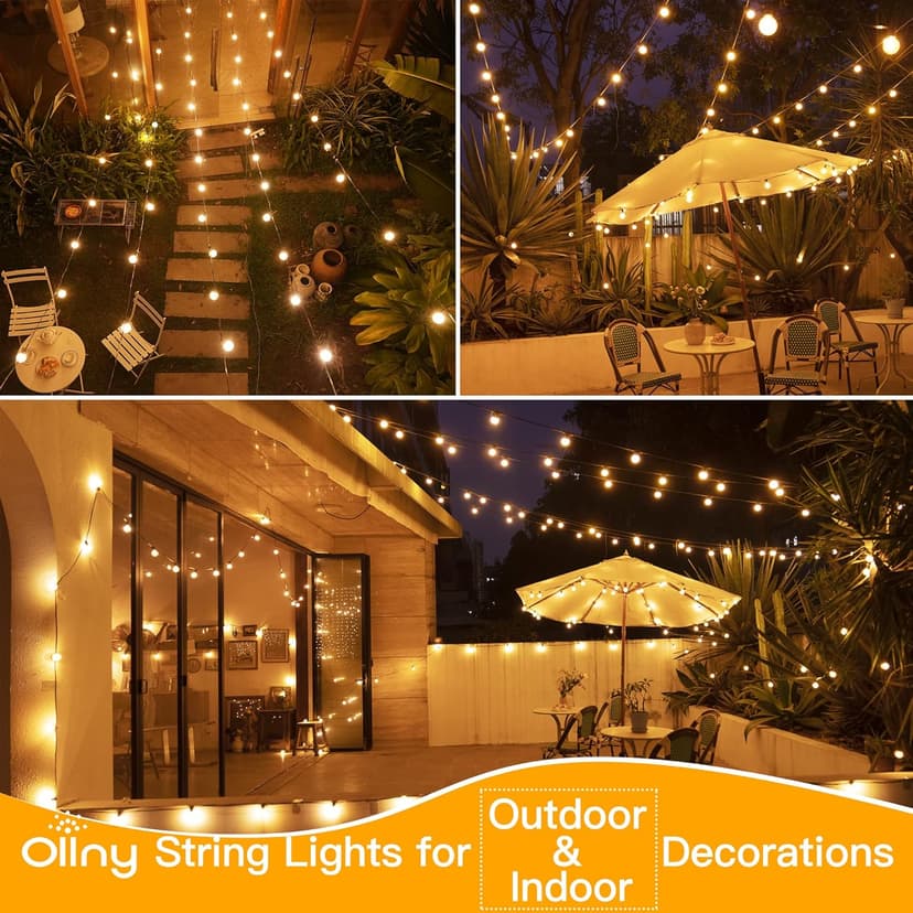 Ollny 25FT Outdoor String Lights, Waterproof Connectable Shatterproof Outside Light with 13 Edison + 1 Spare LED Bulbs Plug in, Patio Lights for Indoor Balcony Porch Camping Deck