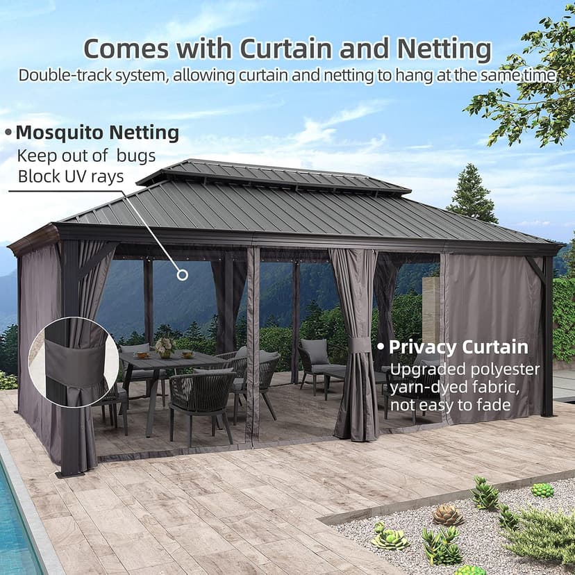 PURPLE LEAF 12' X 20' Permanent Hardtop Gazebo Aluminum Gazebo with Galvanized Steel Double Roof for Patio Lawn and Garden, Curtains and Netting Included, Grey