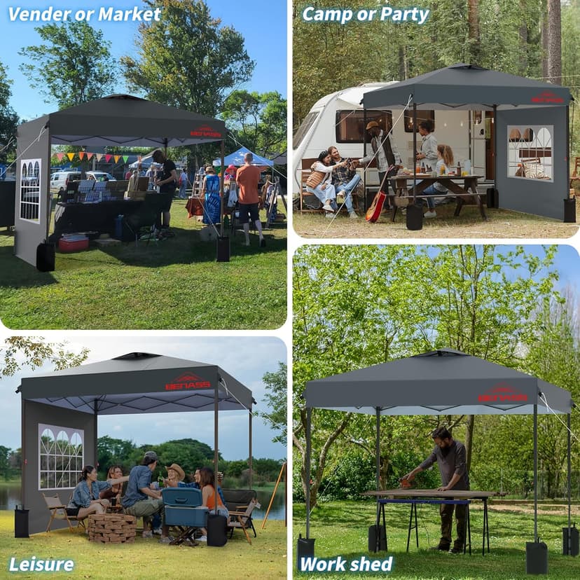 10x10 Pop Up Canopy with Sidewalls, Easy Up Canopy Tent, Heavy Duty Tents for Parties, One Person Set Up Event Tent, Grey