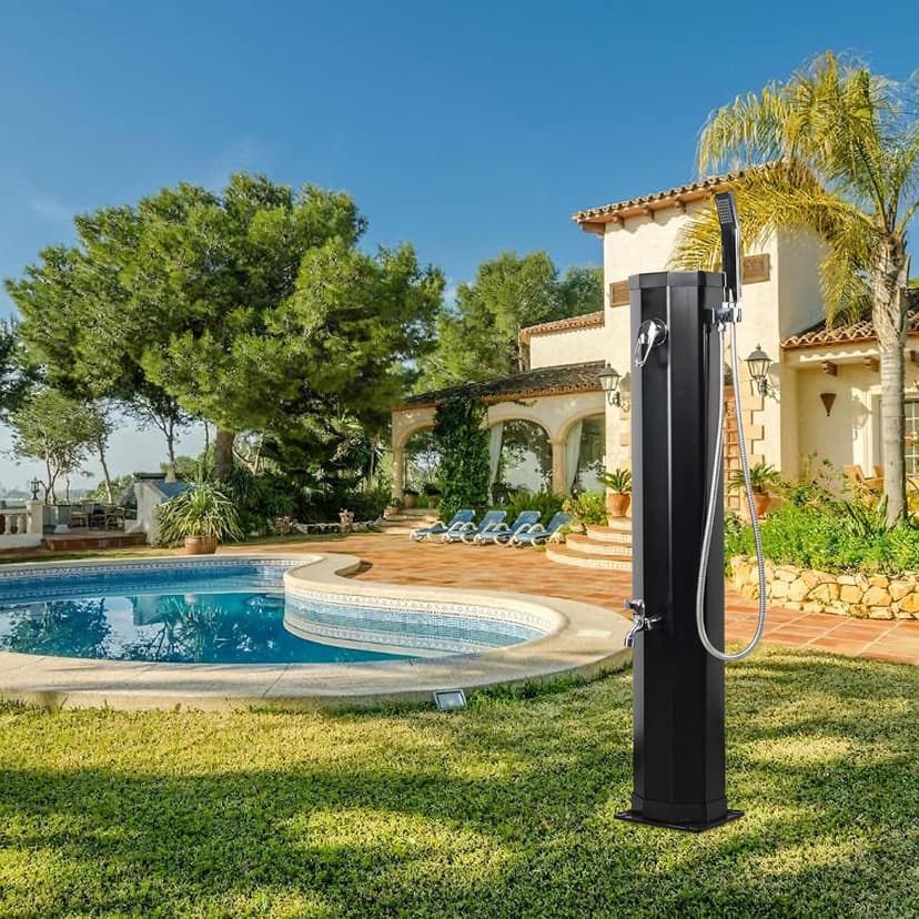 7.2 FT Outdoor Solar Heated Shower, 9.3 Gallon Shower with Shower Head and Foot Shower Tap for Poolside Backyard Beach Pool Spa, Black