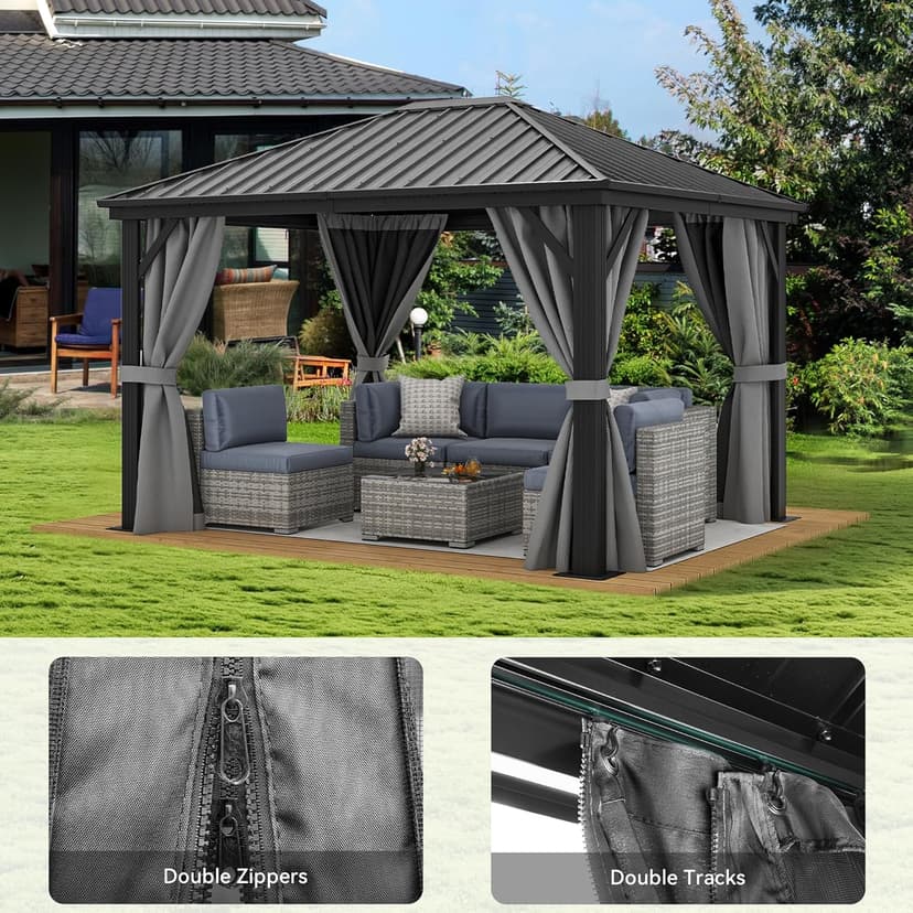 YITAHOME 10X12FT Hardtop Metal Gazebo Outdoor Patio Single Top Canopy Galvanized Iron Aluminum Column Garden Tent Curtains Netting for Backyards Decks Lawns,Gray