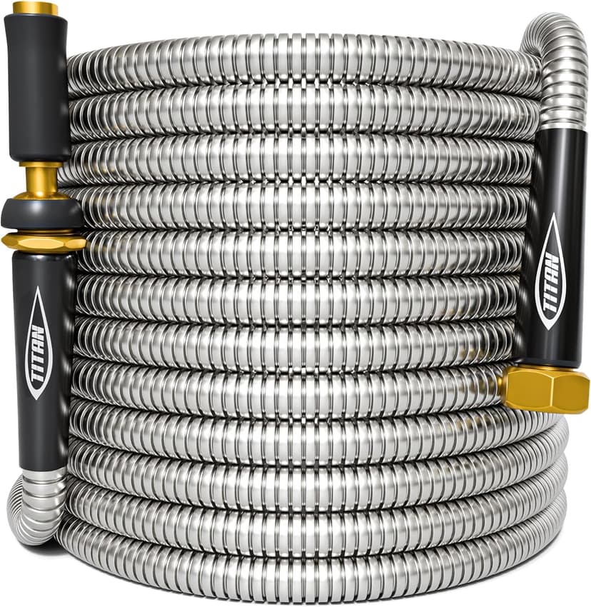 TITAN Garden Hose 25FT - 304 Stainless Steel Metal Water Hose, Flexible, Kink-Free, Lightweight, Durable, Crush Resistant Fittings, Easy to Coil, 500 PSI