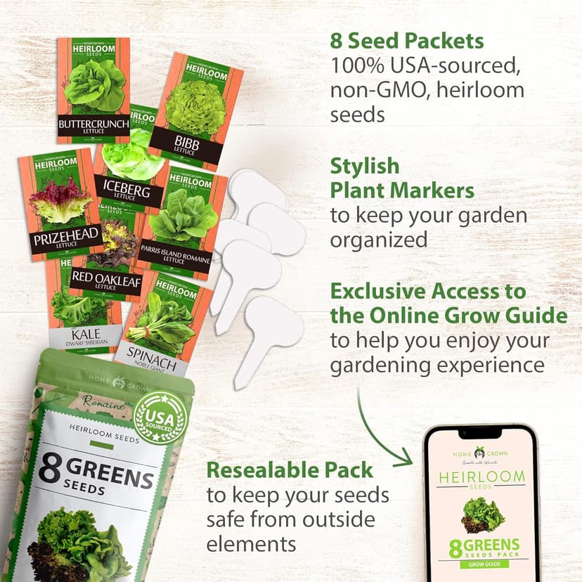 HOME GROWN 8 Lettuce & Salad Greens Seed Vault - 4,000+ 𝗡𝗢𝗡-𝗚𝗠𝗢, 𝗨𝗦𝗔-𝗦𝗢𝗨𝗥𝗖𝗘𝗗 Vegetable Seeds for Outdoors or Indoors - Seeds for Planting Hydroponic Garden