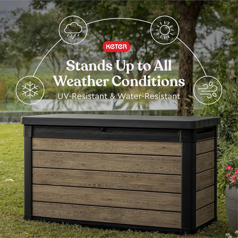 Keter Signature Collection 100 Gallon Resin Deck Box Organization and Storage Box for Patio Outdoor Cushions, Throw Pillows, Garden Tools and Pool Supplies, Ashwood
