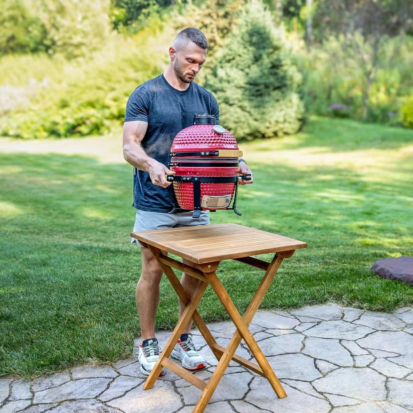 Sunnydaze 13” Kamado Portable Charcoal Grill with Smoker - Outdoor Ceramic Small BBQ Grill with Stand and Cooking Grate - Red