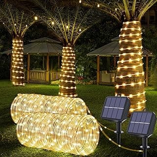 Solar Rope Lights, 2 Packs 66ft 200LED Solar String Lights, 8 Modes Waterproof Solar Powered Outdoor Lights, Flexible Clear Tube Light for Garden, Backyard, Patio, Deck, Pool,Tree Decor - Warm White