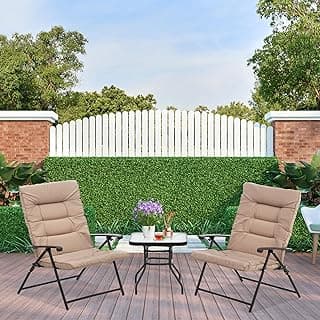 3 Pieces Patio Folding Bistro Set, Outdoor Metal Adjustable Recliner Furniture Set, Conversation Set with 2 Foldable Padded Chairs and Glass Top Coffee Table (Brown)