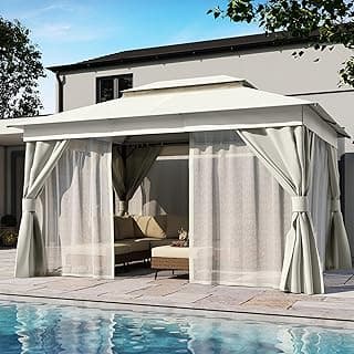 LAUSAINT HOME Outdoor Patio Gazebo 10'x13' with Expansion Bolts, Heavy Duty Gazebos Shelter Party Tent with Double Roofs, Mosquito Nettings and Privacy Screens for Backyard, Garden, Lawn, Cream White