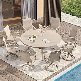 VICLLAX Patio Dining Set for 8, 9 Pieces Outdoor Furniture Includes 60" Round Patio Table with Umbrella Hole and 8 Outdoor Swivel Chairs for Lawn Garden, Sandshell Color Table and Chairs