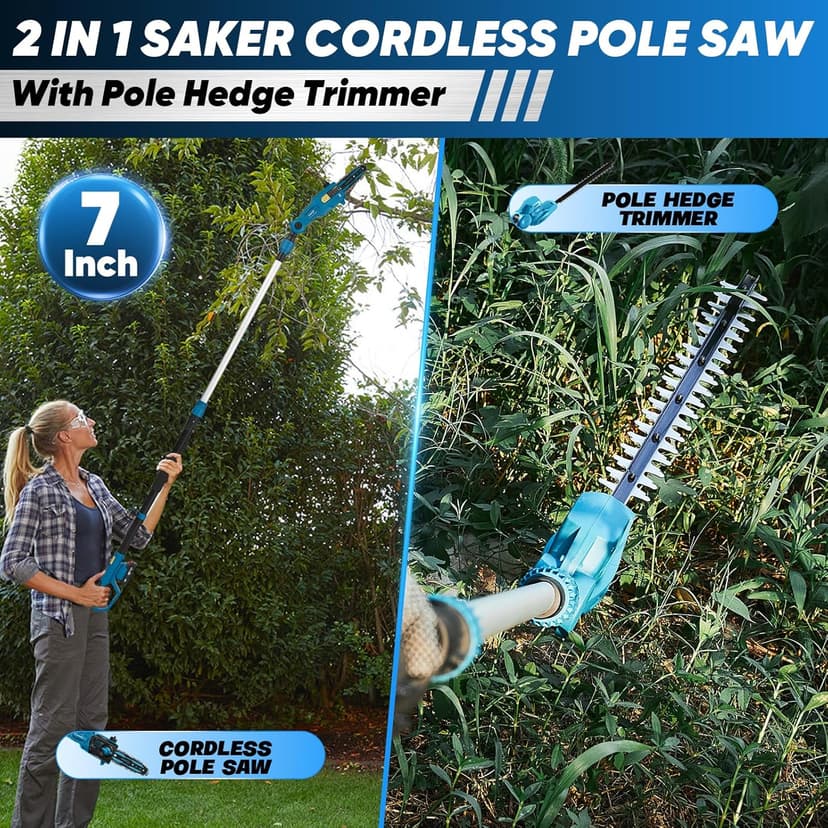 Saker Pole Saw and Pole Hedge Trimmer for Tree Trimming,66.9-98.4Inch Electric Pole Saw and Hedge Trimmer with Extension Pole,Cordless Electric Trimming Tools with Pole and 2.0Ah Battery & Charger