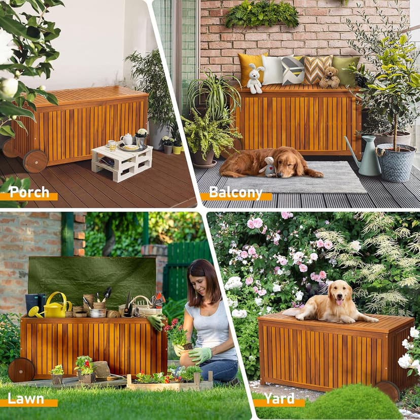VINGLI 57 Gallon Wooden Outdoor Storage Box, Acacia Patio Storage Deck Box with Wheels, Outdoor Storage Bin Design with Water-Resistant Inner Bag, Garden Organizer Box for Indoors & Outdoors