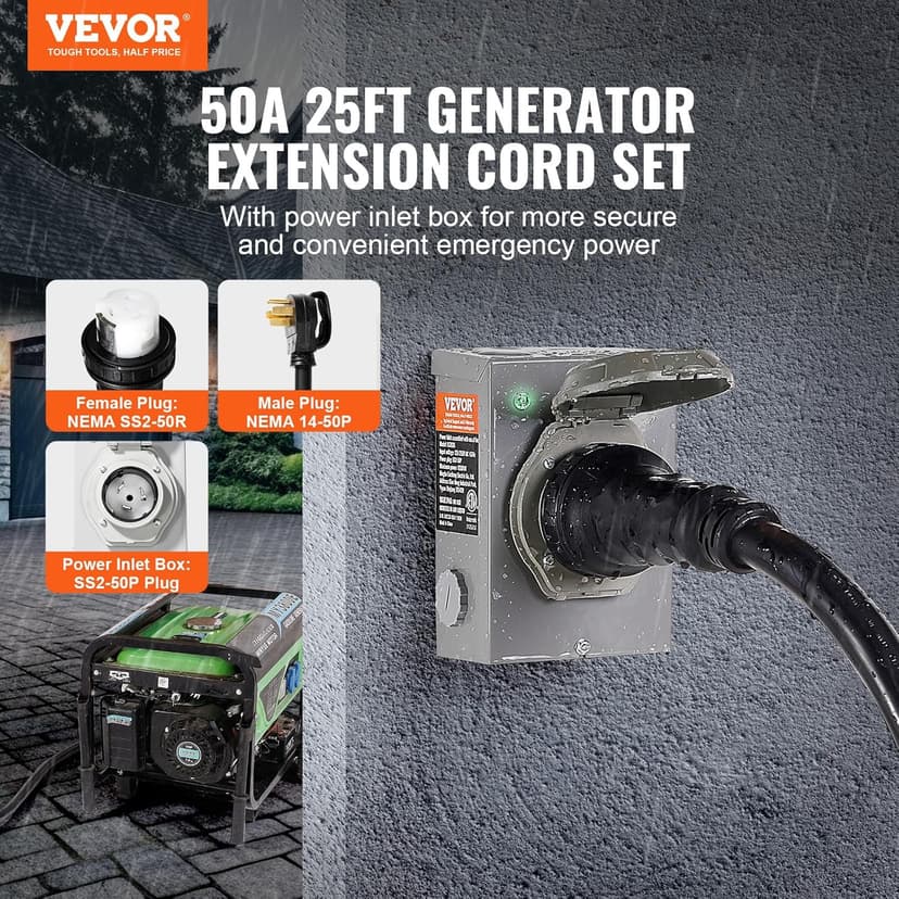 VEVOR 50 Amp Generator Cord and Power Inlet Box Kit, 25FT Generator Extension Cord NEMA 14-50P/SS2-50R STW 6/3+8/1 AWG with Twist Lock Connector, Pre-Drilled Inlet Box, ETL Listed