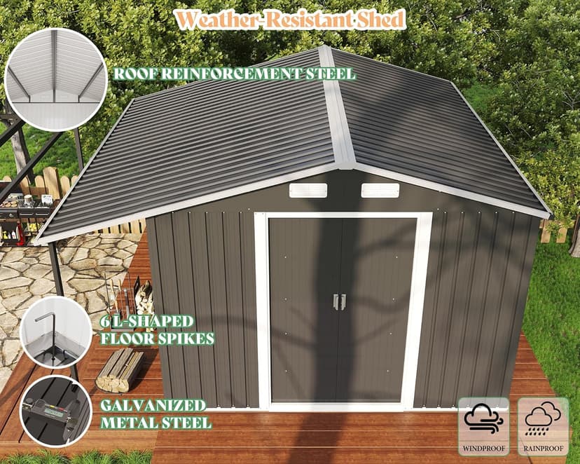 AMERLIFE 10.6x10.3x6.3 FT Outdoor Storage Shed with Sliding Doors Two 4-Pane Windows, Open Outdoor Shed for Wood Storage, Dark Grey/White