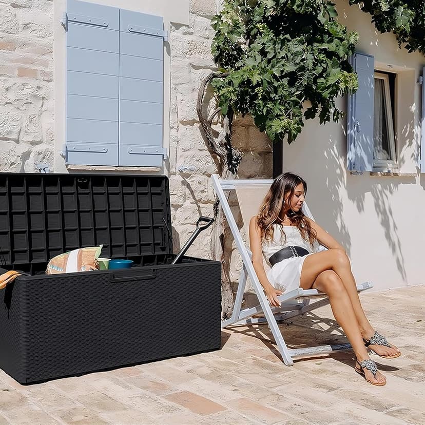 Toomax Portofino Large 90 Gallon Plastic Outdoor Storage Backyard Deck Box, with Lockable Lid, Seat Weight Capacity 450 Pounds, Gray