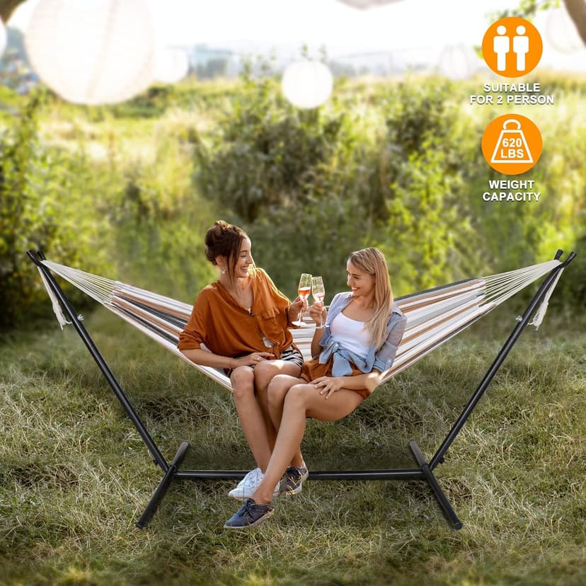 SUPER DEAL Portable 2 Person Hammock with 9FT Hammock Stand, 620 LBS Capacity Adjustable Hammock Bed with Space Saving Carrying Case Included for Camping Garden Backyard Patio Indoor Outdoor