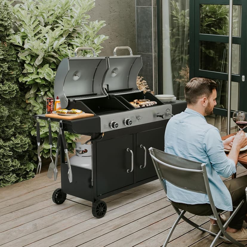Royal Gourmet ZH3002N Propane Gas and Charcoal Grill Combo, Dual Fuel BBQ Grill with 2 Side Shelves for Outdoor Patio Garden Backyard Barbecue, 20,000 BTUs, Silver & Black