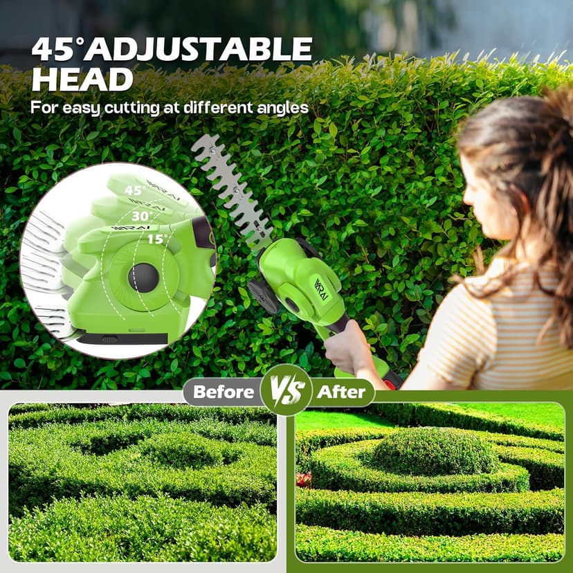 Hedge Trimmer Cordless, 2 in 1 Cordless Hedge Trimmer with 2600mAh Battery*2, High Power and Large Capacity Hedge Shears for Gardens, Patios and Lawns Charger Included